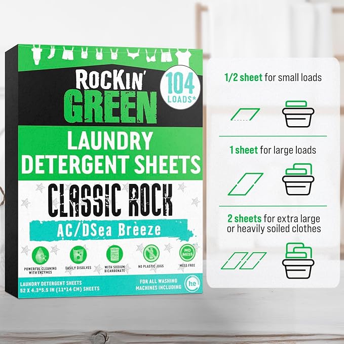 Rockin' Green Travel Laundry Detergent Sheets - Mess-Free Laundry Sheets Detergent Powerful Cleaning with Sodium Bicarbonate - Easily Dissolvable Laundry Soap Sheet (104 Loads, AC/DSea Breeze)
