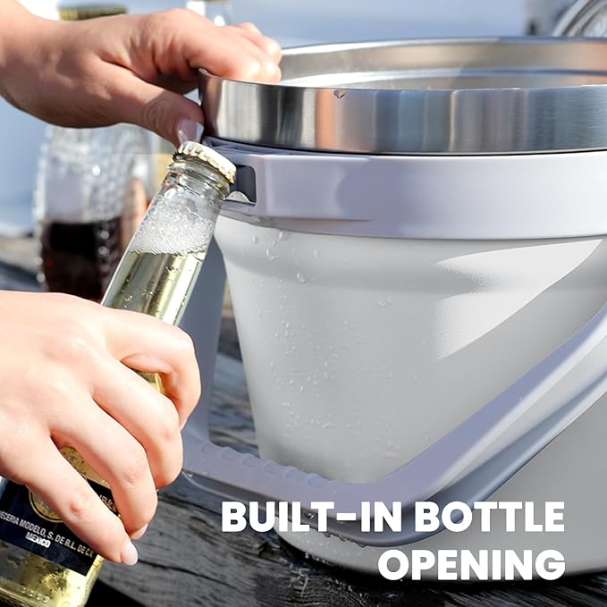 COKTIK 7L Insulated Ice Bucket with Lid，Double Wall Vacuum Stainless Steel Beverage Bucket Keeps Frozen Longer，Holds 6 Longnecks or 3 Bottles of Wine，for hot food, Large Parties(No Accessories, White)