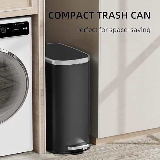 KUK Slim Bathroom Trash Can with Lid Soft Close, Step Pedal, 2.6 Gal/ 10L Stainless Steel Garbage Can with Removable Inner Bucket, Anti-Fingerprint Wastebasket for Office, Bedroom, Toilet (Black)