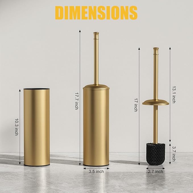 BESy Toilet Brush and Holder, Toilet Cleaner Bowl Set with Two Brush with Extra Long Handle, Durable Bristles Toilet Scrubber and Covered Holder, Drip-Proof Stainless Steel Brushed Gold