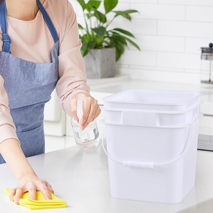 3 Gallon Plastic Square Storage Bucket, 4 Packs Food Grade Buckets with Lid, Utility Pail, White