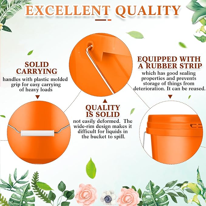 6 Pack 2 Gallon Plastic Bucket with Lid Heavy Duty Pail with Metal Handle Reusable Small Multipurpose Paint Buckets Container for Food Storage(Orange)