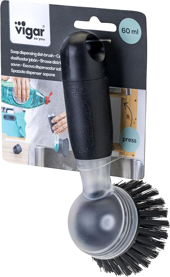 Vigar Rengo Soap Dispensing Dish Brush, Dish Brush with Soap Dispenser for Pot Scrubber, Dishes, Sink Cleaner, and Kitchen Essentials, Black