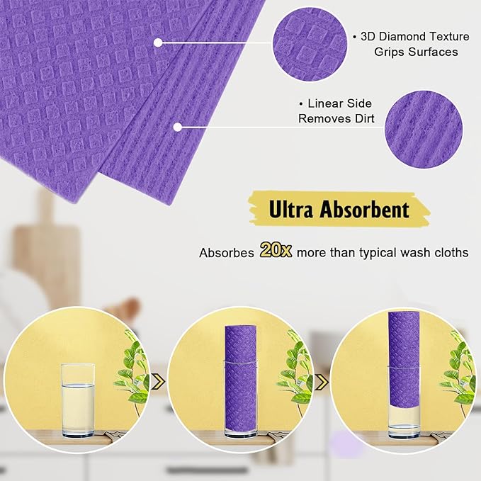 Swedish Dishcloths for Kitchen | 6 Pack Absorbent Cellulose Sponge Cloths Washable | Non-Scratch Reusable Paper Towels Quick Drying Cleaning Cloths - Purple