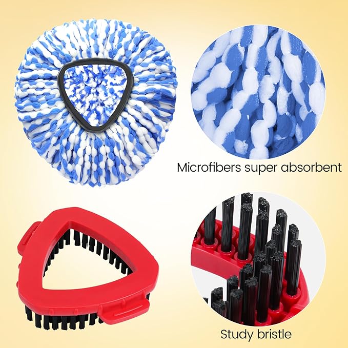 Mop Heads Replacements for OCedar RinseClean 2 Tank Spin Mop System, Mop Replace Head with 2 Microfiber Mop Head Refills, 1 Scrub Brush and 1 Mop Base Set Combo