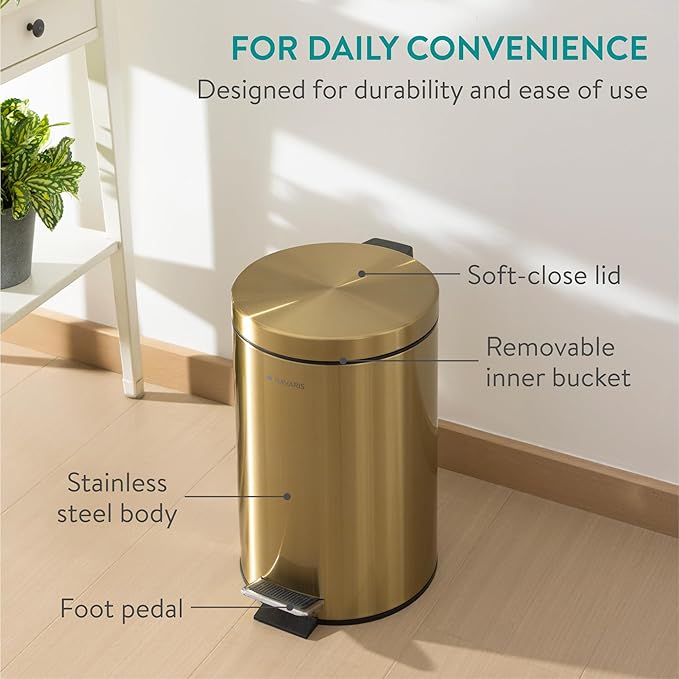 Navaris Gold Pedal Bin 3.2 gal (12 Litre) - 12L Kitchen Bin with Lid and Removable Inner Bucket - Recycling Bins for Kitchen Bathrooms Toilet Office or Bedroom - Metallic Gold