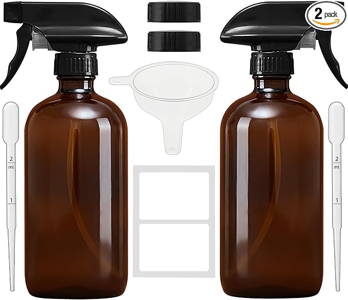Amber Glass Spray Bottles 16 oz - Refillable Empty Spray Bottles for Cleaning, Essential Oils, Plants, Hair Mister - 2 Pack