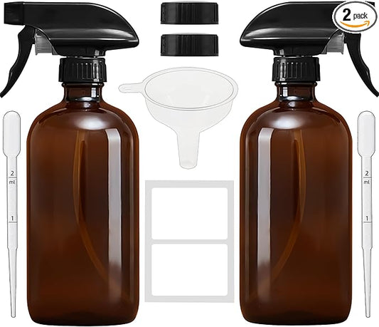 Amber Glass Spray Bottles 16 oz - Refillable Empty Spray Bottles for Cleaning, Essential Oils, Plants, Hair Mister - 2 Pack