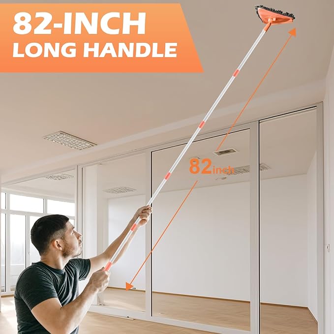 Wall Cleaner Triangle Mop with 82'' Long Handle - Wall Scrubber, Cleaning Washer Tool with 4 Microfiber Chenille Duster Pads for Clean Walls, Ceiling, Windows, Floors, Baseboards (4 Pads)