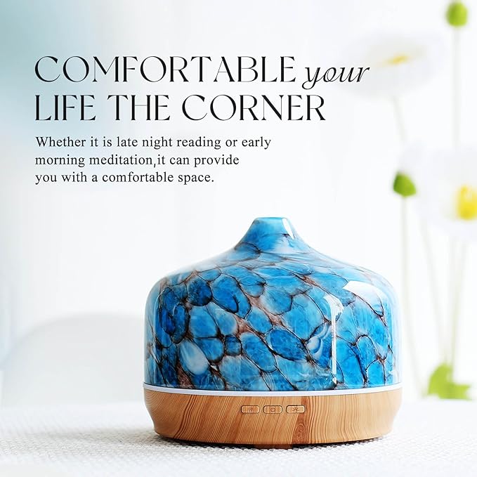Porseme 500ml Glass Essential Oil Diffuser Aromatherapy Ultrasonic Cool Mist Humidifier 15-21 Running Hours Waterless Auto-Off Air Diffusers for Sleeping Yoga Office Working Spa and Rest (Light Blue)
