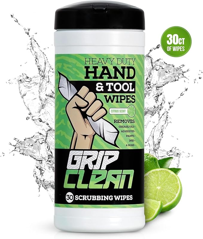 Grip Clean Heavy Duty Hand & Tool Cleaning Wipes – Waterless Hand Cleaner for Mechanics, Garage & Shop Use – Dual-Sided Grease, Oil & Paint Remover Wipes with Citrus Scent - 30ct