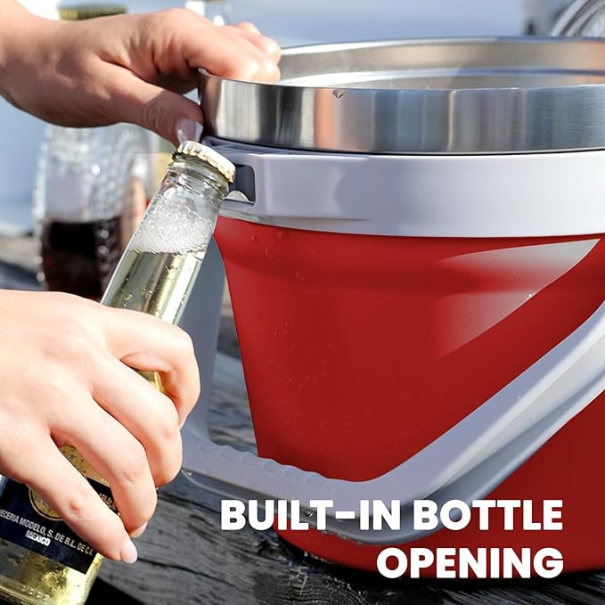 COKTIK 7L Vacuum Insulated Ice Bucket with Lid，Large Capacity Stainless Steel Beverage Bucket for Cocktail, Champagne, Wine, Beer，Large Parties（Red）