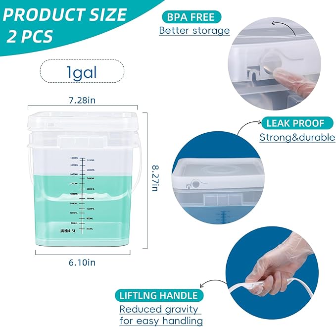 ASEVAT 1Gal 2Pack Clear Bucket Graduated Pail Container with Lid, Square Food Grade Buckets, Cleaning Containers Plastic Pails Extra Durable Handles with Grip for Easy Carrying