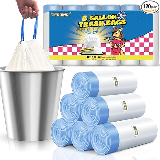 5 Gallon Trash Bags Drawstring 1.1 Mil - 120 Count 18 Liter Small Garbage Bags for Bathroom, Strong Unscented White Plastic Wastebasket Bin Liners for Kitchen Office Toilet and Bedroom