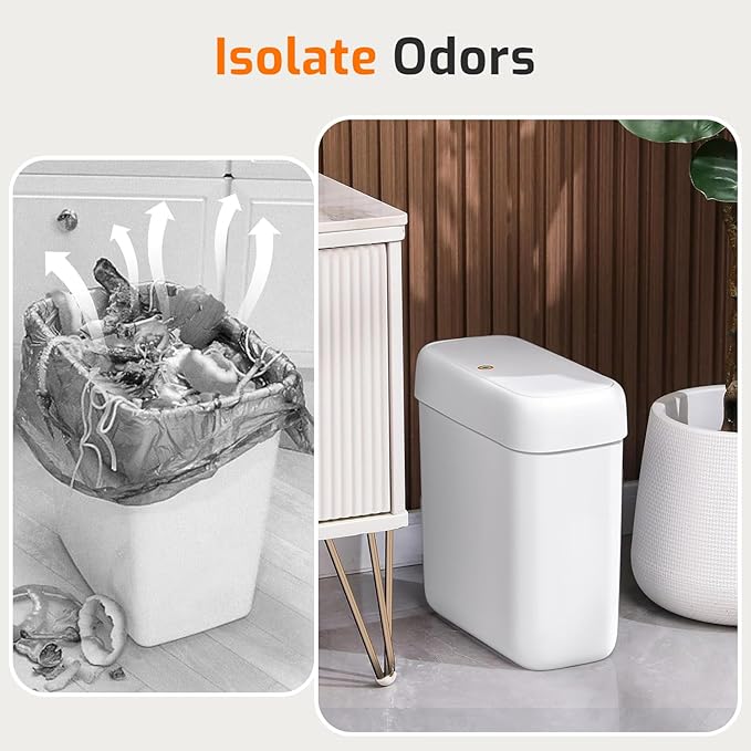 MOPALL Small Bathroom Trash Can with Lid, 3.2 Gallon / 11.5 L Slim Plastic Garbage Bin with Pop-Up Lid, Mini Waste Basket Can Dog Proof for Kitchen, Bedroom, Office, Laundry, Toilet, Rv, White