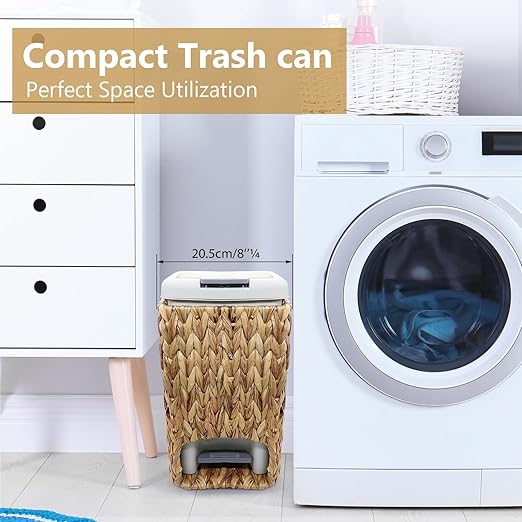 Slim Bathroom Trash Can with Lid, 3 Gallon Small Trash Garbage Can Narrow Rubbish Waste Bin Basket with Press Top Step On Wicker Slim Wastebasket Wastepaper Basket for Bath Bedroom Office