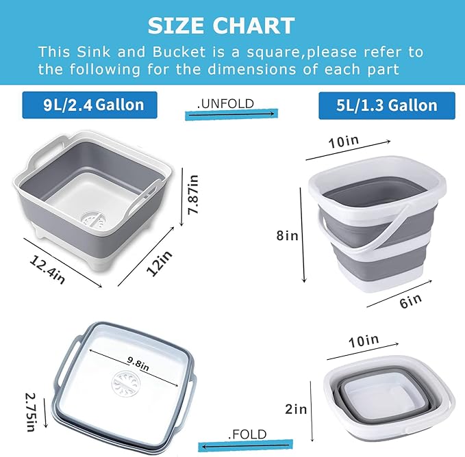 Collapsible Basin Bucket,9L Collapsible Dishpan with Drain Plug for Kitchen Sink,5L Portable Foldable Small Plastic Water Supplies for Outdoor Garden Camping Fishing Car Wash(Sets of 2)