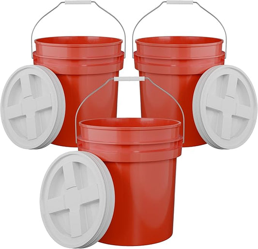 5-Gallon Red Bucket Pail with Gamma Seal Screw on Airtight Lid, Metal Handles with Plastic Grip for Easy Carrying, Easy Stack and Store, Heavy-Duty 90MIL Extra Durable, Food Grade, BPA Free - 3 Pack