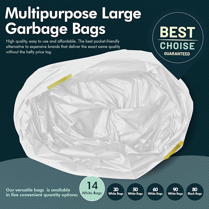 PAMI Tall 13-Gallon Kitchen Drawstring Trash Bags [14-Pack, White] - Extra-Strong Plastic Garbage Bags- Thick Trash Can Liners For Kitchen, Bathroom & Outdoor Bins- 2ft x2ft Unscented Trash Bags