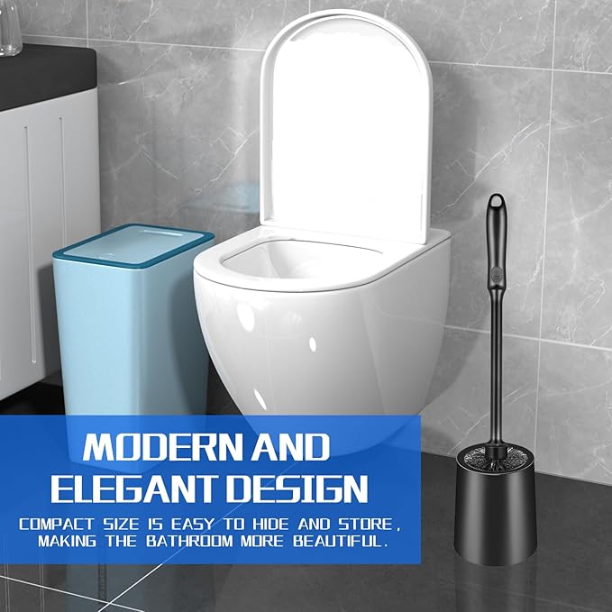 Toilet Brush and Holder 2 Pack with Long Handle - Non-Slip Grip Toilet Bowl Brush Set for Deep Cleaning Bathroom, Toilet Scrubber- Black