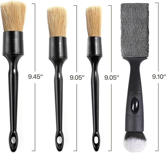 Car Detailing Brush Set, 4 PCS Soft Boars Hair Auto Interior Cleaning Detail Brushes, Perfect for Safely Cleaning Emblem Air Vent, Leather Seats, Washing Wheels, Tires, Engine Bay, Car Detailing Kit