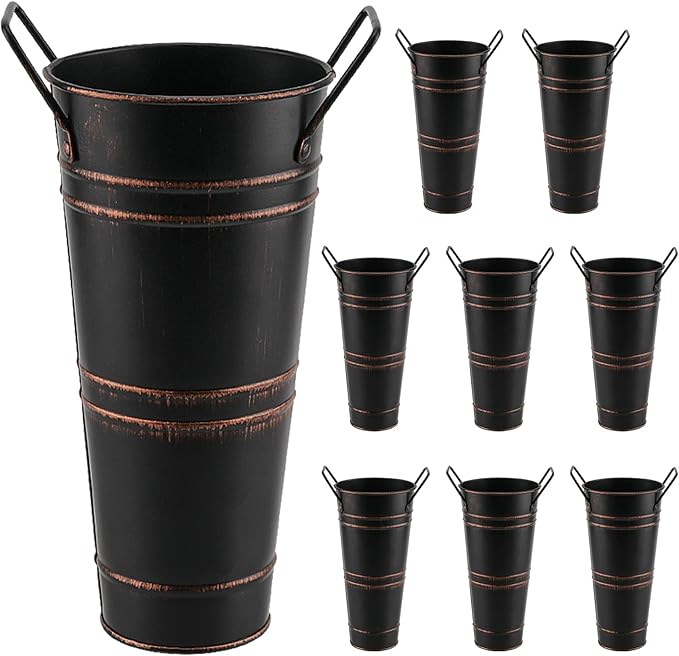 8 Pack 9 Inch Tall Galvanized Flower Bucket, Black Farmhouse French Flower Bucket with Handle, Small Rustic Buckets Vintage Metal Vases for Flower, Centerpieces, Floral Wedding Arrangements