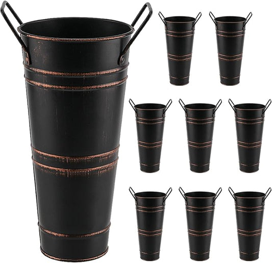 8 Pack 9 Inch Tall Galvanized Flower Bucket, Black Farmhouse French Flower Bucket with Handle, Small Rustic Buckets Vintage Metal Vases for Flower, Centerpieces, Floral Wedding Arrangements