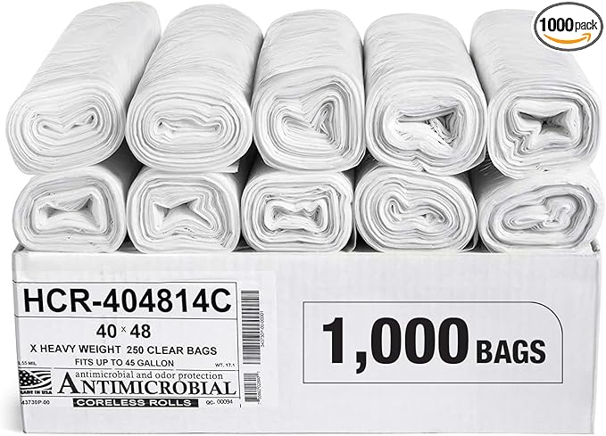 Aluf Plastics High Density Trash Bags, 45 Gallon, 1000 Count, 14 Micron (eq), 40" x 48", Clear, for Bathroom, Office, Industrial, Commercial, Janitorial, Municipal, Recycling
