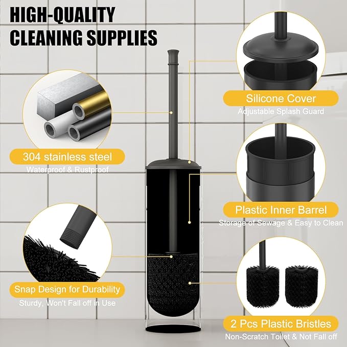BESy Toilet Brush and Holder, Toilet Cleaner Bowl Set with Two Brush with Extra Long Handle, Durable Bristles Toilet Scrubber and Covered Holder, Drip-Proof Stainless Steel Matte Black
