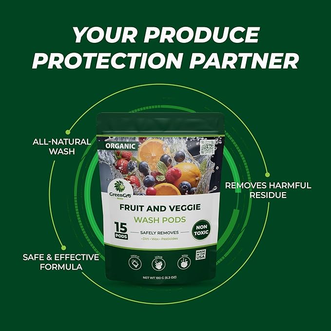 GreenGro Fruit and Vegetable Wash Pods (15 Pods) | Removes Harmful Residue | Keeps Produce Fresh Longer |