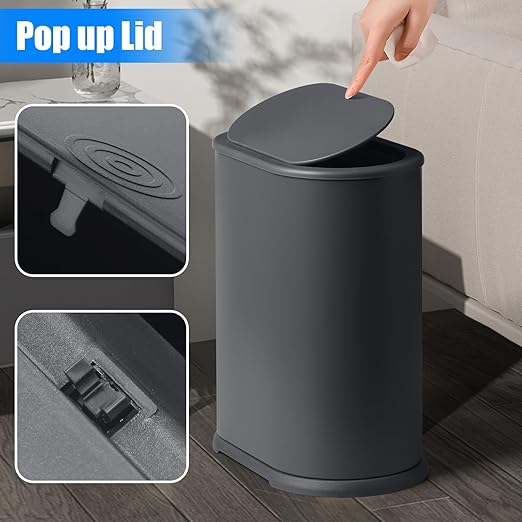 Anzoymx Stainless Steel Bathroom Trash Cans with Lids 1.8 Gallons Small Garbage Can with Pop up Lid Dog Proof Narrow Wastebasket Slim Bins Set for Bedroom, Living Room, Toilet, Office, Rv (Grey)