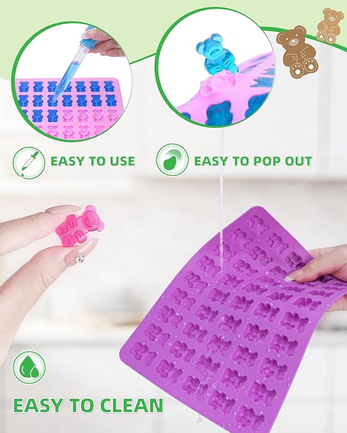 Gummy Bear Silicone Molds 4 PCS, KKDINDAN 2ML Chocolate Gummy Molds with 2 Droppers and 1 Cleaning Brush, BPA Free Food Grade Silicone Molds, Nonstick Candy Molds