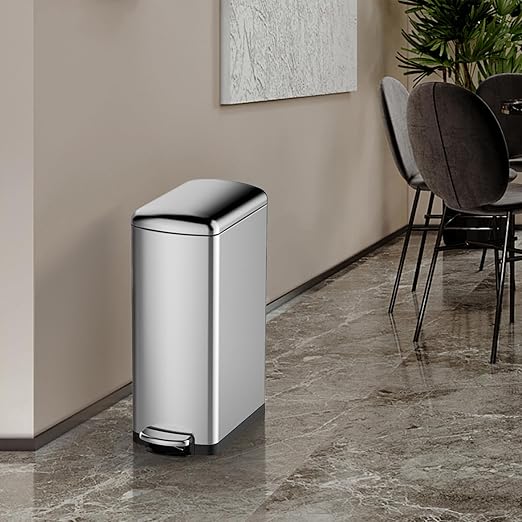 30 L Kitchen Step Trash Can, 8 Gallon Narrow Stainless Steel Waste Bin with Soft-Close Lid, Rectangle Rubbish Bin with Removable Inner Bucket for Bathroom, Dining Room, Living Room