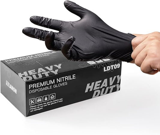 LANON 6-mil Black Nitrile Disposable Gloves, Food-Safe, Powder-Free, Heavy-Duty, Textured Fingertips, Latex-Free, Medium