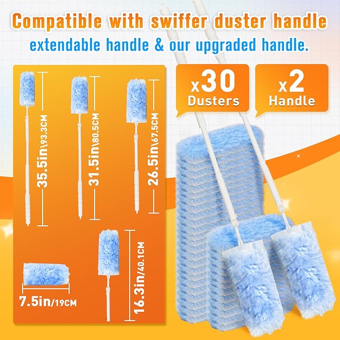Heavy Duty Duster Refills for Swiffer Dusters, 360° Multi-Surface Microfiber Duster Refills with 2.5 ft Extended Handle, Unscented Disposable Feather Dusting Kit (30 Count Refills, 2 Handles)