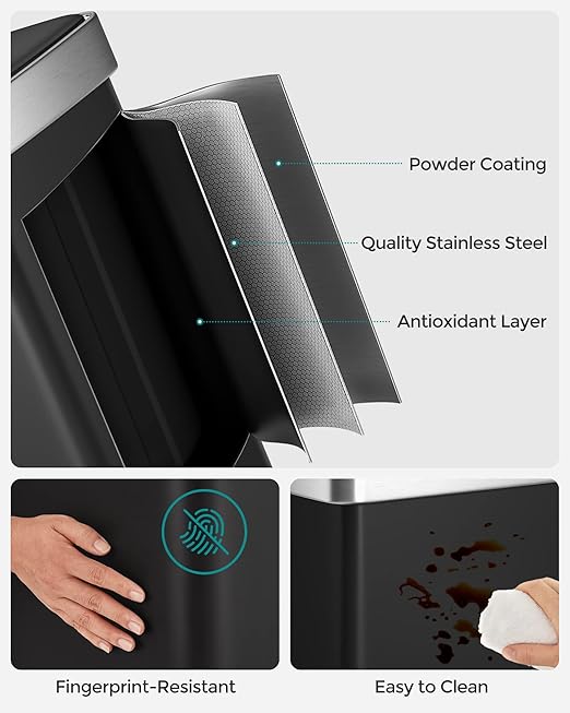 SONGMICS Kitchen Trash Can, 16 Gallon (2 x 8 Gallon) Dual Compartment Garbage Can, 60L Pedal Recycling Bin, Stays Open and Soft Close, Stainless Steel, 15 Bags Included, Ink Black ULTB202B01