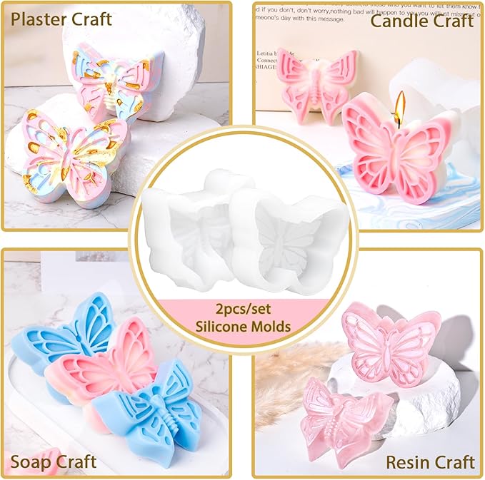 Butterfly Silicone Mold 2 Pack Candle Molds for Candle Soap Making Craft Supplies 3D Butterfly Epoxy Resin Casting Mold Plaster Cement Ornaments Mould Home Art Decor