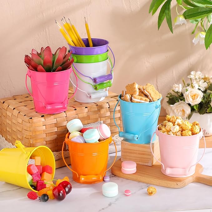 Therwen 24 Pieces Small Metal Buckets Colored Galvanized Bucket Round Metal Pail for Kids Classroom Candy Crafts,Utensils, Vase Party Favor(Wood Handle,4.13 Inch)