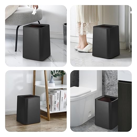 2 Pack Square Modern Trash Can Bedroom, 3Gal/12L Bathroom Trash Can Hidden Bag, Open Top Trash Bin Square Plastic, Minimalist Black Garbage Can with Inner Bucket (with 2 Handles) for Kitchen Office