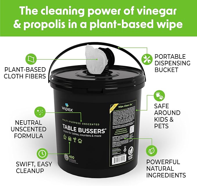Wipex Table Bussers - Natural Cleaning Vinegar Counter and Table Wipes, 400 Ct Unscented Disposable Plant-Based Cloth for Tables, Counters, Surfaces for Restaurant, Cafes and Home Use, Pack of 4
