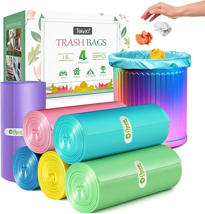 4 Gallon 330pcs Strong Trash Bags Colorful Clear Garbage Bags, Bathroom Trash Can Bin Liners, Small Plastic Bags for home office kitchen, fit 12-15 Liter, 3,3.5,4.5 Gal,Multicolor