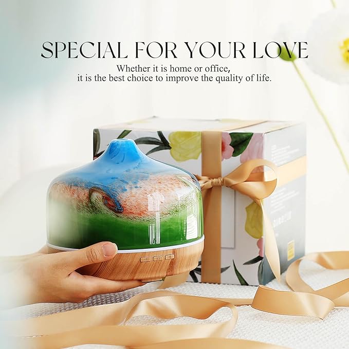 Porseme 500ml Glass Essential Oil Diffuser Aromatherapy Ultrasonic Cool Mist Humidifier 15-21 Running Hours Waterless Auto-Off Air Diffusers for Sleeping Yoga Office Working Spa and Rest (Blue Grass)