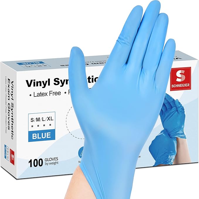 Schneider Vinyl Synthetic Exam Gloves, 4 Mil, Latex Free Disposable Gloves for Medical, Cooking, Cleaning, and Food Prep