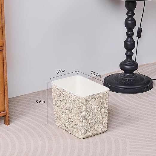 Rustic White Tropical Leaves Carved Small Bathroom Trash Can 2.5 Gallon(9 Liter), Resin Heavy Sturdy Kitchen Garbage Can,Living Room Bedroom Trash Can, Decorative Wastebasket for Home, Garden, Office