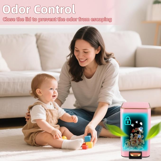 Small Bathroom Trash Can with Lid Soft Close, 1.8 Gallon Stainless Steel Garbage Can with Removable Inner Bucket,Wicker Storage Baskets,75Count Trash Bags, Slim Step Pedal Trash Bins