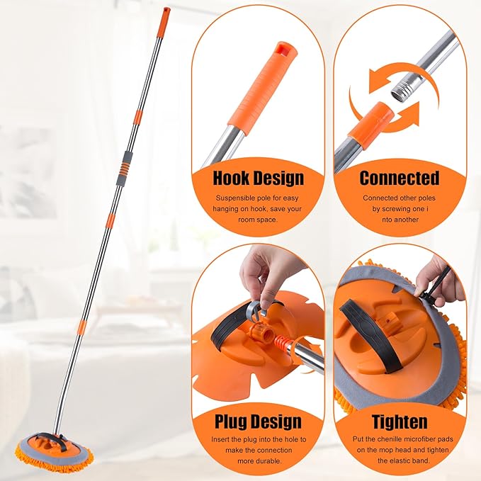 Wall Cleaner Mop with 56” Long Handle,15°Labor-Saving Elbow,Multi-Surface Duster for Painted Walls,Floor,Baseboard & Windows, Includes 2 Replaceable Microfiber Chenille Pads (Orange)