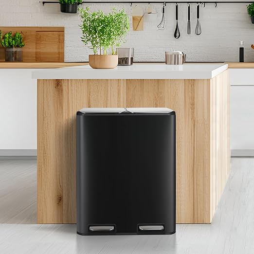 16 Gal (2 x 30 L) Dual Trash Can, Stainless Steel Kitchen Garbage Bin, Recycle Dustbin with Odor Control Box, Soft-Close Lid, Inner Buckets, Side Handle, Step Pedal, for Home Office