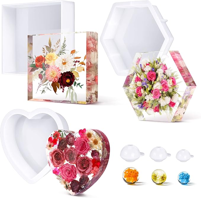 3 Pcs Large Silicone Molds for Resin - Glossy Deep Square, Hexagon, Heart Bookends & Round Molds for Flowers Preservation & DIY Art Making