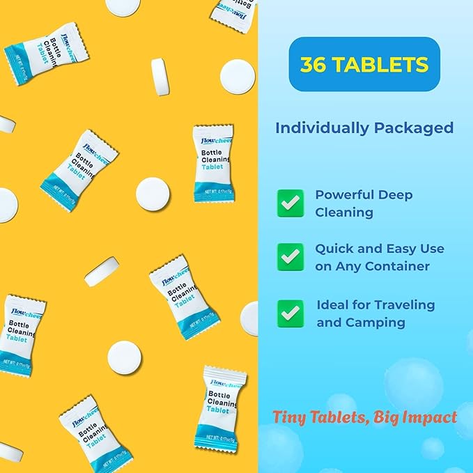 Bottle Cleaning Tablets, 36-Pack, Powerful Cleaner for Stainless Steel, Glass, Thermos, Tumblers, Hydration bladder and Reusable Water Bottles, Removes Stubborn Stains & Odors