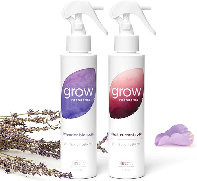Grow Fragrance Scented Fabric and Room Air Freshener Spray - Certified Non-Toxic, 100% Plant-Based Essential Oils - 5 oz (Lavender Blossom + Black Currant Rose 2-Count)